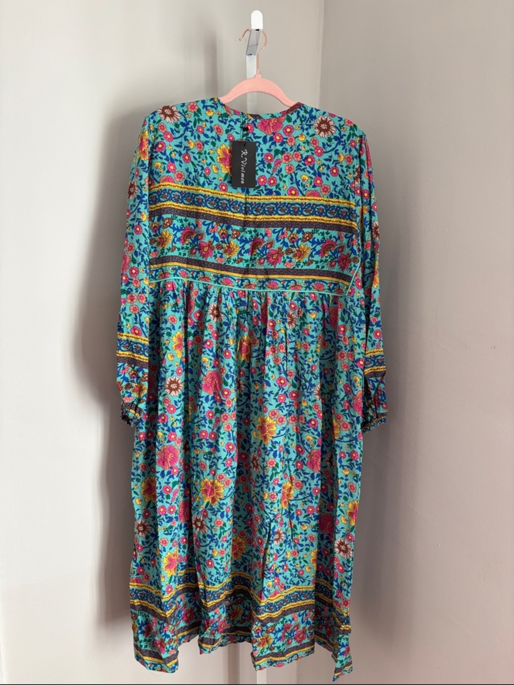 R. Vivimos Teal Womens Long Sleeve Floral Print Tassel Boho Midi Dress Sz XL NWT - Picture 6 of 6